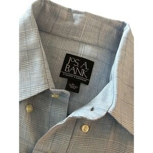 JOS A BANK Traveler's Collection Men XL Linen Plaid Button Down Shirt Light Blue